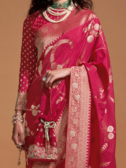 Women's Georgette Pink Woven Design Designer Saree With Blouse Piece