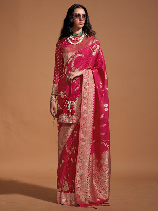 Women's Georgette Pink Woven Design Designer Saree With Blouse Piece