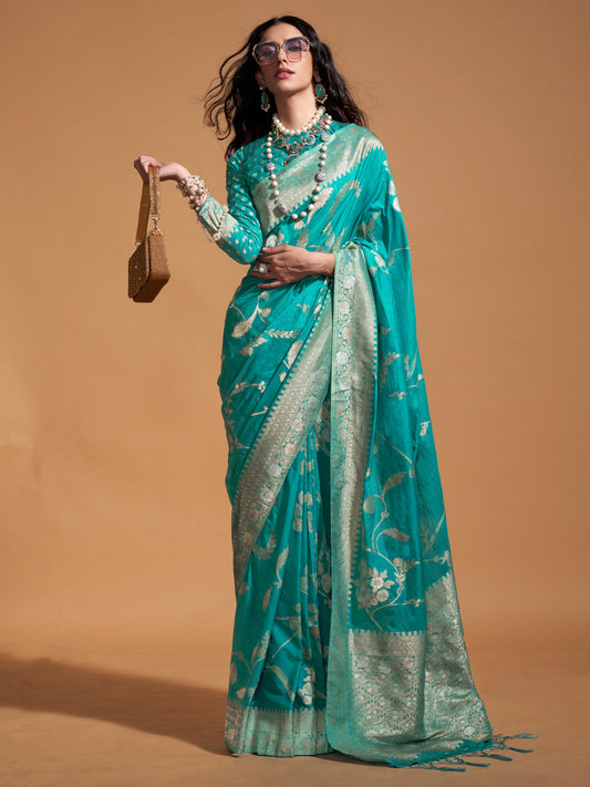Women's Georgette Blue Woven Design Designer Saree With Blouse Piece