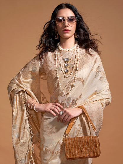 Women's Georgette Cream Woven Design Designer Saree With Blouse Piece