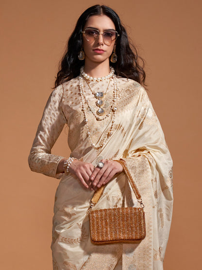 Women's Georgette Cream Woven Design Designer Saree With Blouse Piece
