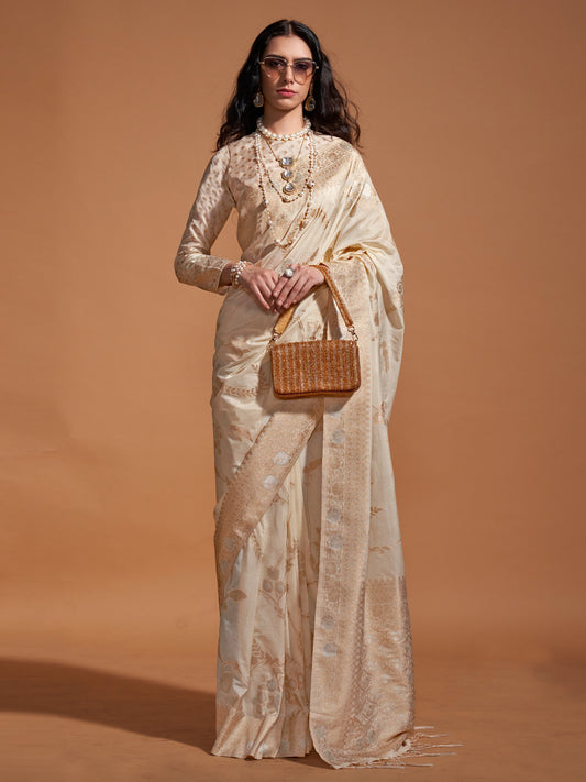 Women's Georgette Cream Woven Design Designer Saree With Blouse Piece
