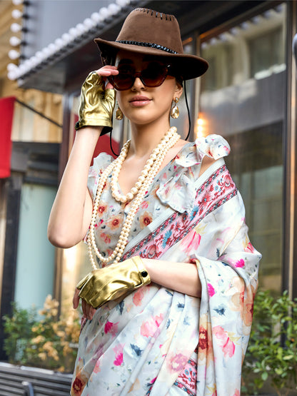 Women's Satin Silk Light Blue Printed Designer Saree With Blouse Piece