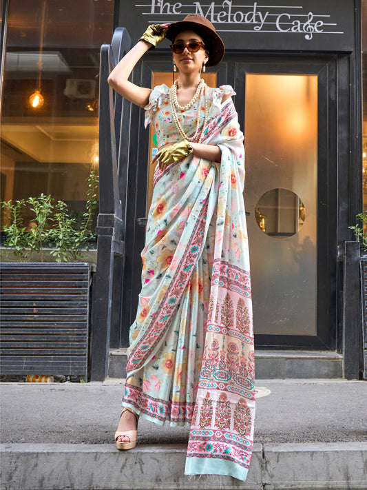 Women's Satin Silk Light Blue Printed Designer Saree With Blouse Piece