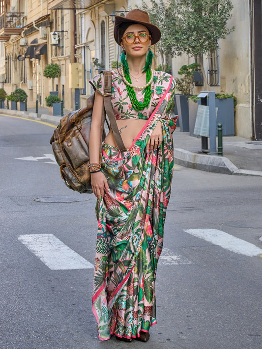 Women's Satin Silk Green Printed Designer Saree With Blouse Piece