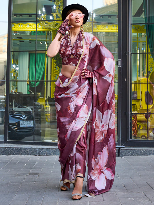 Women's Satin Silk Brown Printed Designer Saree With Blouse Piece