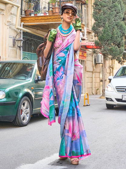 Women's Satin Silk Lavendar Printed Designer Saree With Blouse Piece