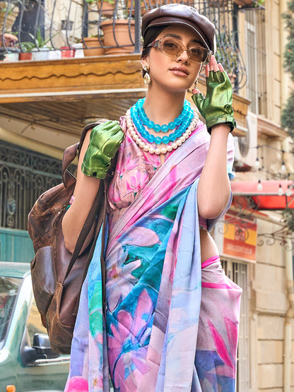 Women's Satin Silk Lavendar Printed Designer Saree With Blouse Piece