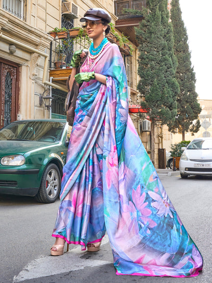 Women's Satin Silk Lavendar Printed Designer Saree With Blouse Piece