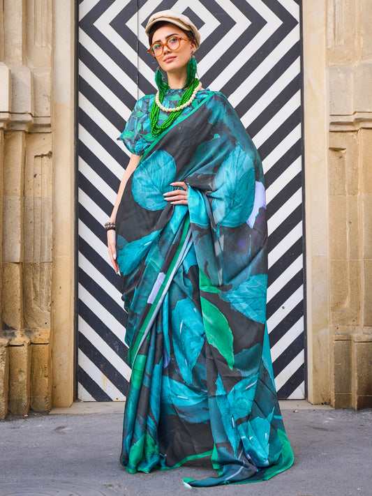 Women's Satin Silk Black Printed Designer Saree With Blouse Piece
