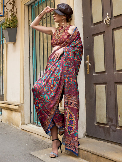 Women's Satin Silk Burgundy Printed Designer Saree With Blouse Piece