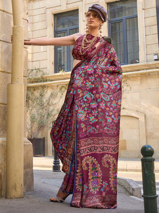 Women's Satin Silk Burgundy Printed Designer Saree With Blouse Piece