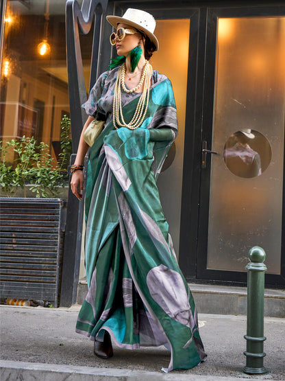 Women's Satin Silk Green Printed Designer Saree With Blouse Piece