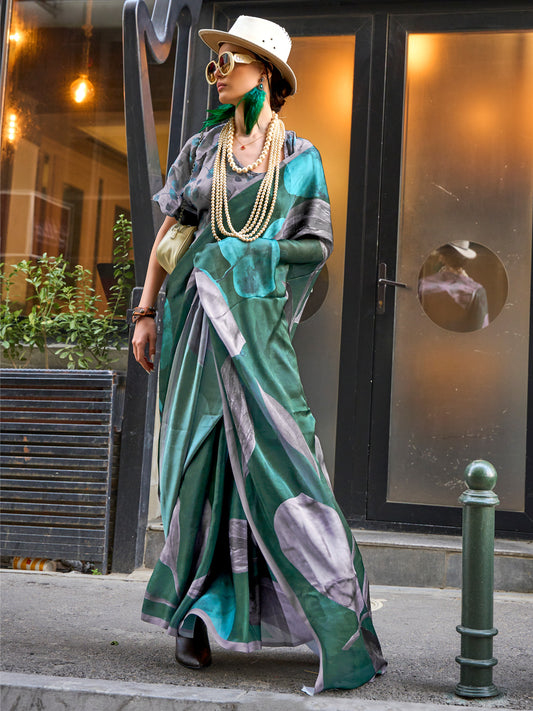 Women's Satin Silk Green Printed Designer Saree With Blouse Piece