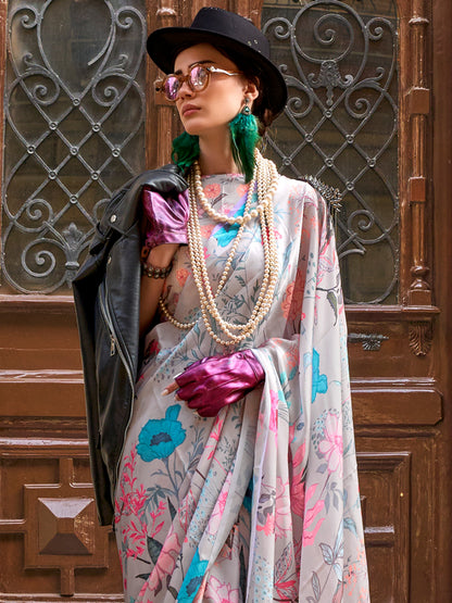 Women's Satin Silk Grey Printed Designer Saree With Blouse Piece