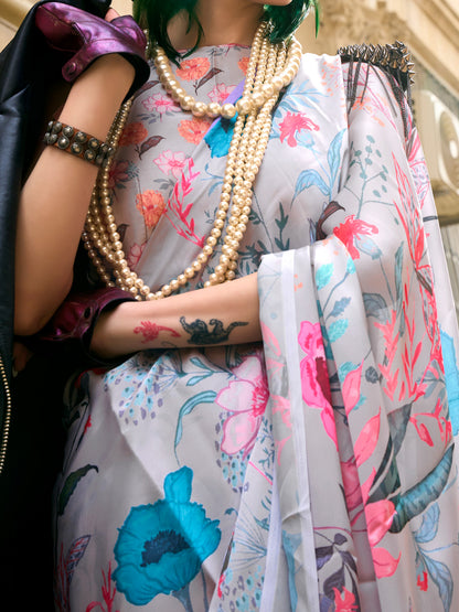 Women's Satin Silk Grey Printed Designer Saree With Blouse Piece