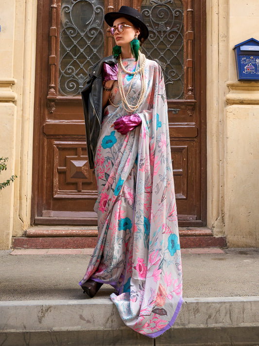 Women's Satin Silk Grey Printed Designer Saree With Blouse Piece