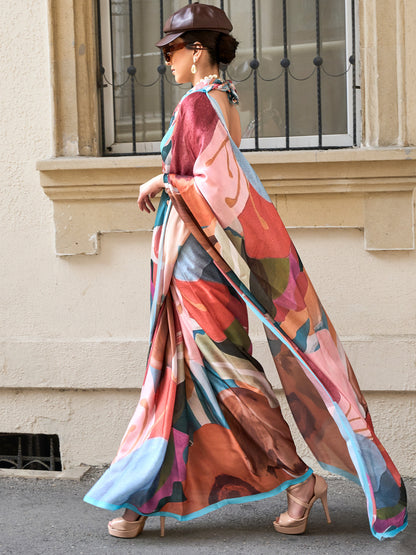 Women's Satin Silk Multicolored Printed Designer Saree With Blouse Piece