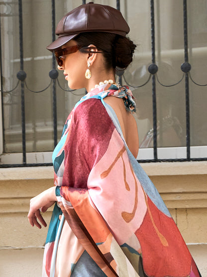Women's Satin Silk Multicolored Printed Designer Saree With Blouse Piece