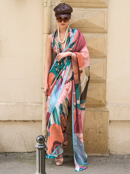 Women's Satin Silk Multicolored Printed Designer Saree With Blouse Piece