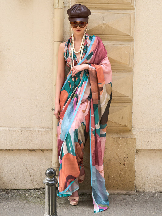Women's Satin Silk Multicolored Printed Designer Saree With Blouse Piece