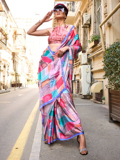 Women's Satin Silk Multicolored Printed Designer Saree With Blouse Piece