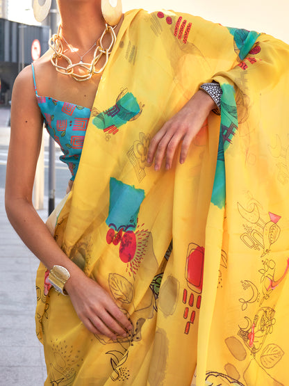 Women's Satin Silk Yellow Printed Designer Saree With Blouse Piece