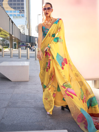 Women's Satin Silk Yellow Printed Designer Saree With Blouse Piece