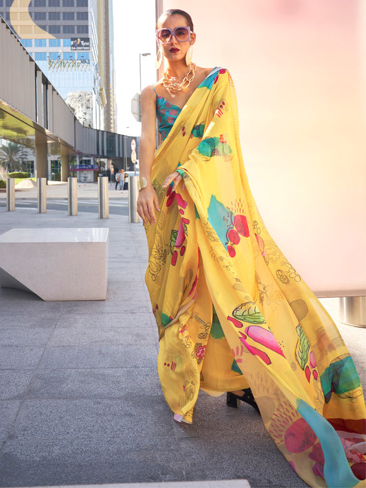 Women's Satin Silk Yellow Printed Designer Saree With Blouse Piece