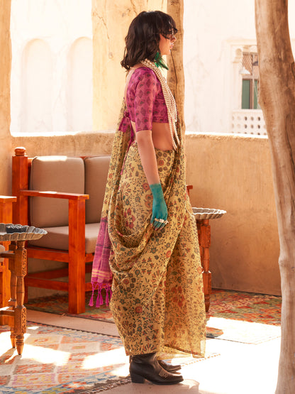 Women's Tissue Mustard Printed Designer Saree With Blouse Piece