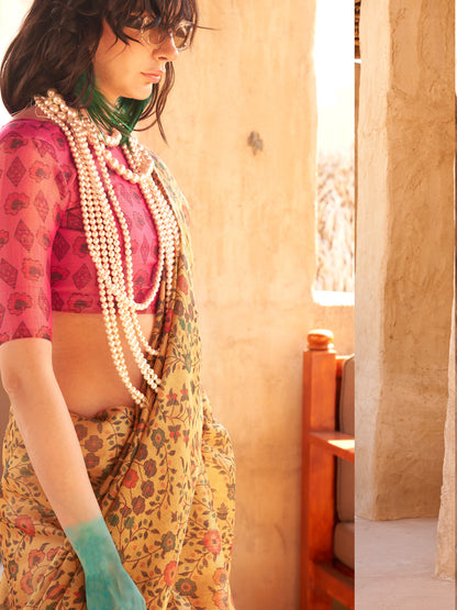 Women's Tissue Mustard Printed Designer Saree With Blouse Piece