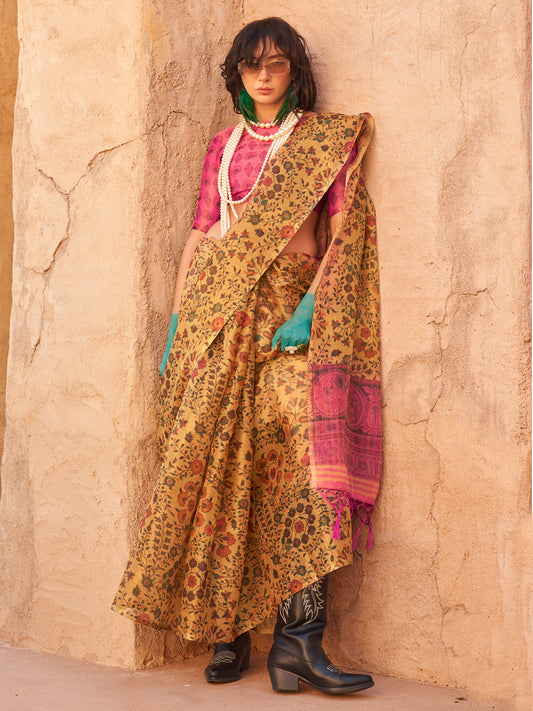 Women's Tissue Mustard Printed Designer Saree With Blouse Piece