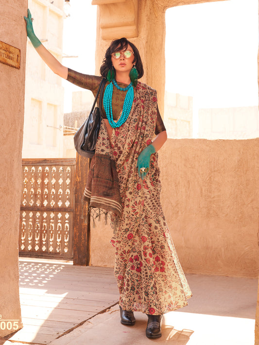 Women's Tissue Cream Printed Designer Saree With Blouse Piece