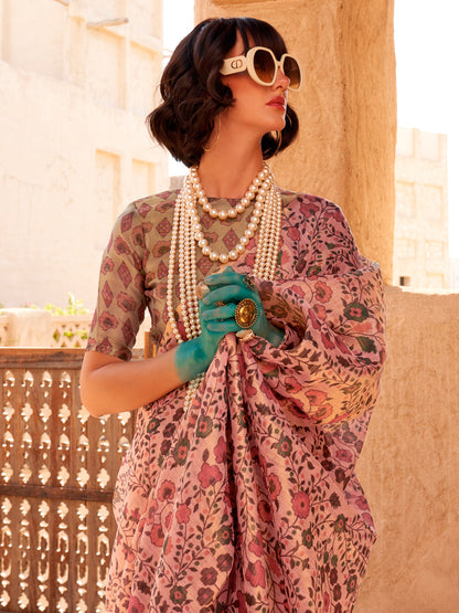 Women's Tissue Mauve Printed Designer Saree With Blouse Piece