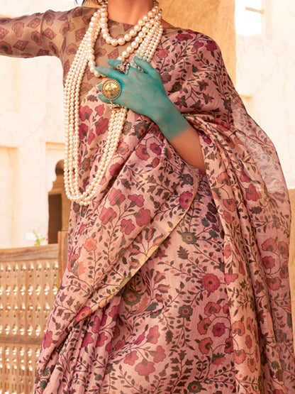 Women's Tissue Mauve Printed Designer Saree With Blouse Piece