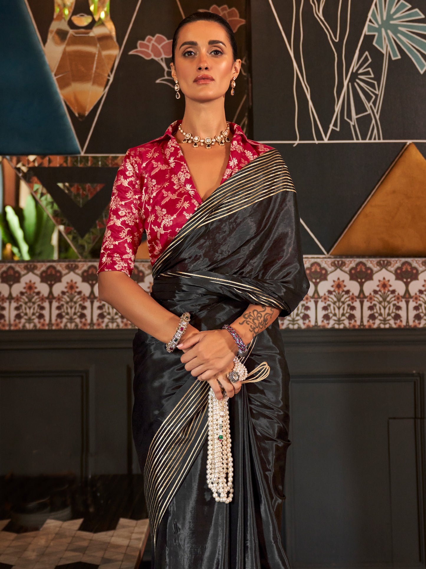 Women's Viscose Silk Black Woven Design Designer Saree With Blouse Piece