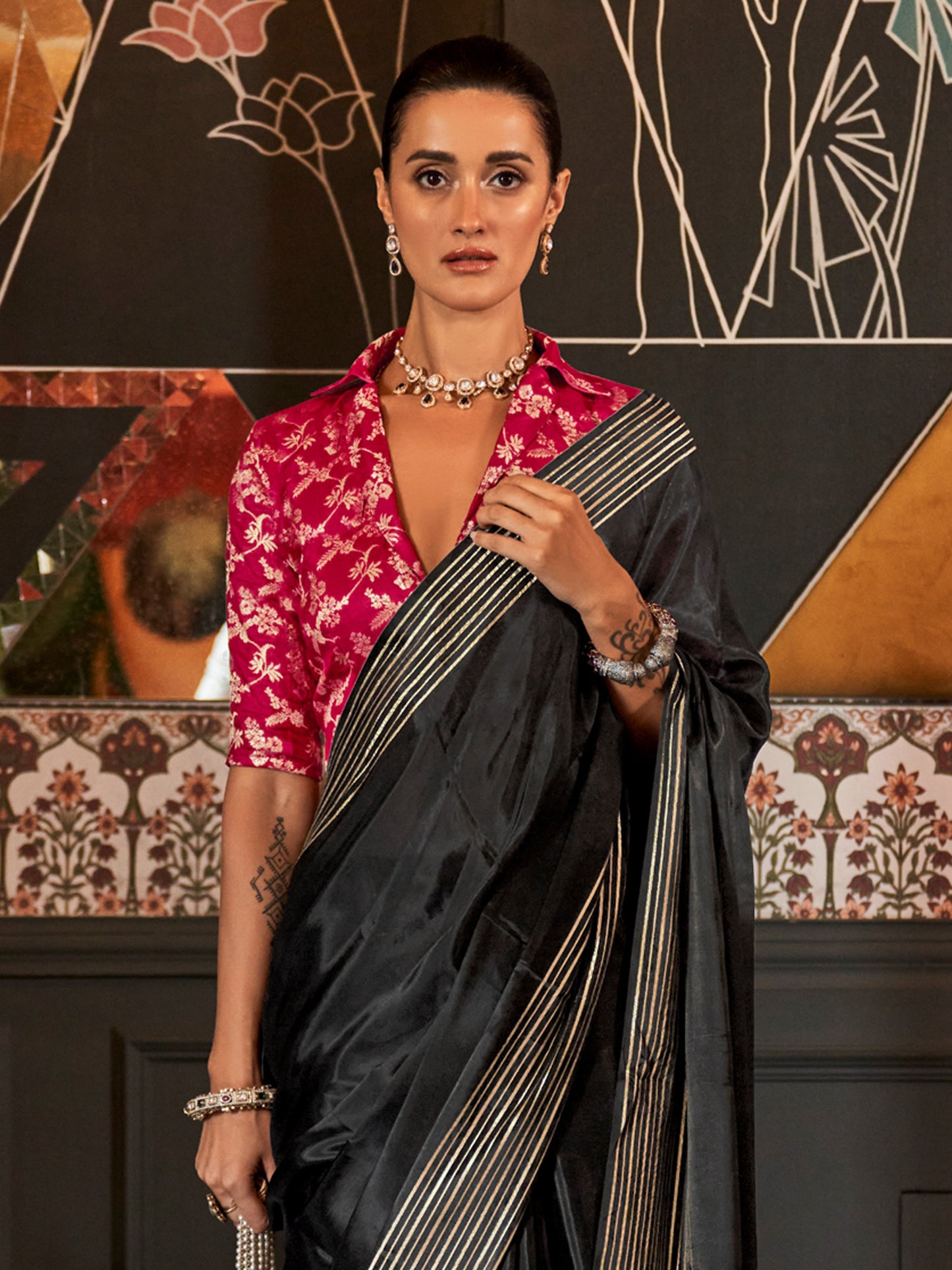 Women's Viscose Silk Black Woven Design Designer Saree With Blouse Piece