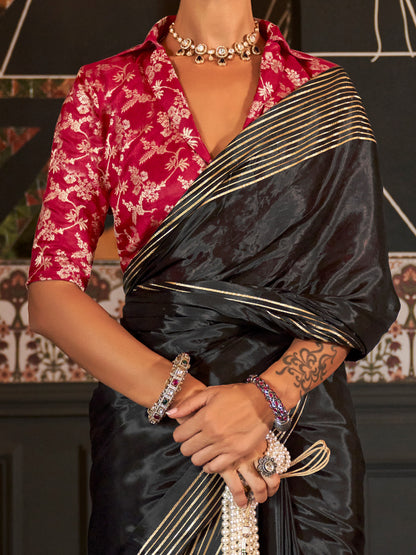 Women's Viscose Silk Black Woven Design Designer Saree With Blouse Piece