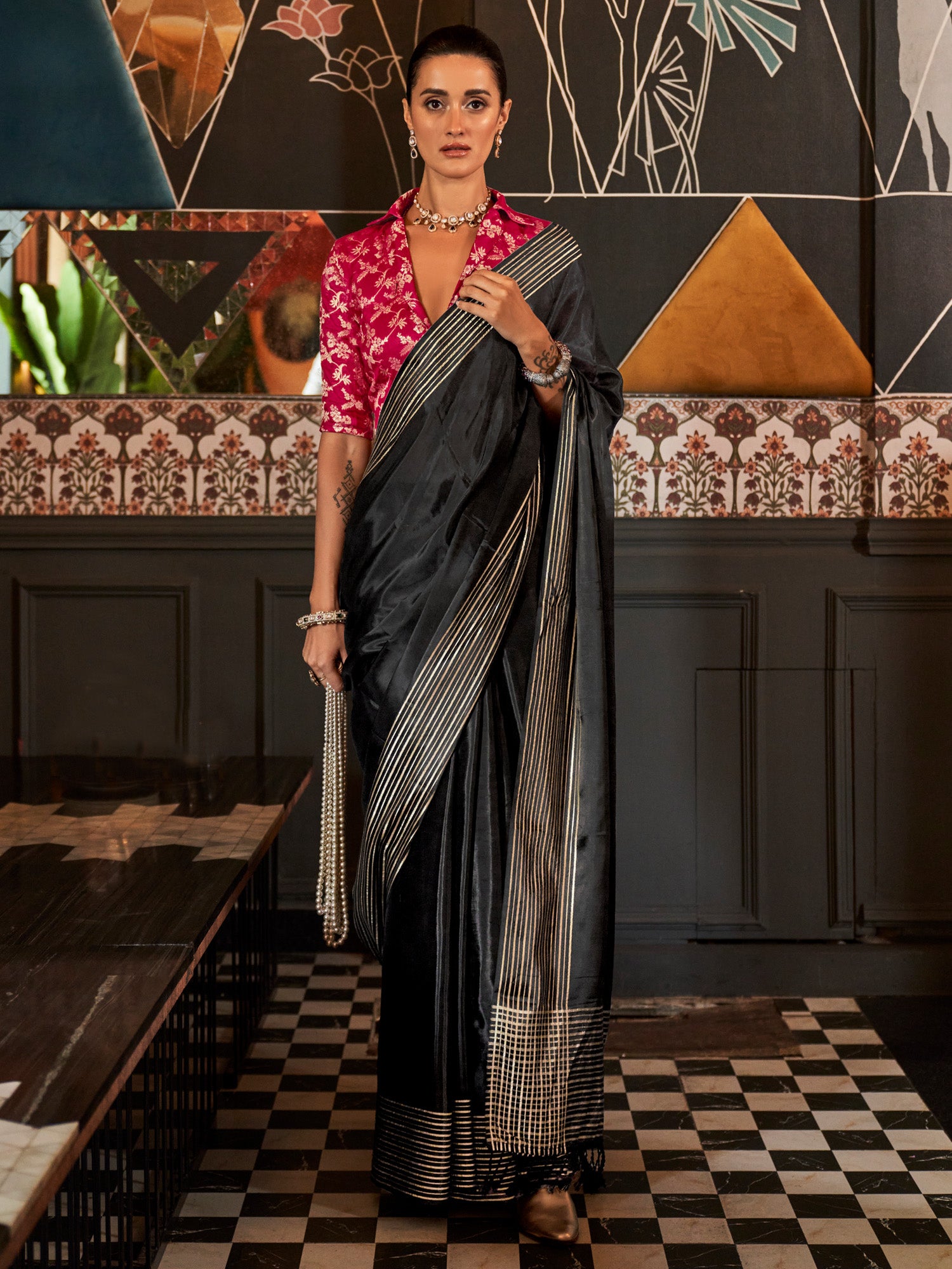 Women's Viscose Silk Black Woven Design Designer Saree With Blouse Piece