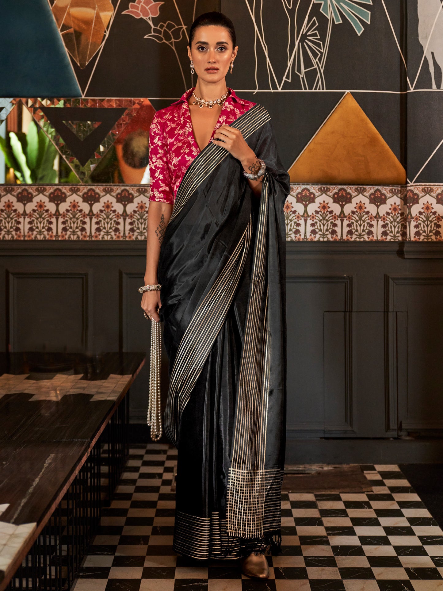 Women's Viscose Silk Black Woven Design Designer Saree With Blouse Piece