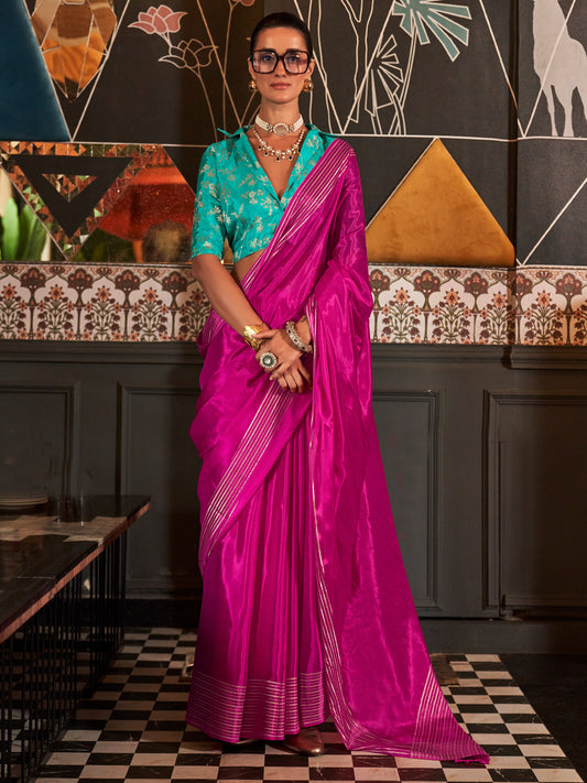 Women's Viscose Silk Pink Woven Design Designer Saree With Blouse Piece