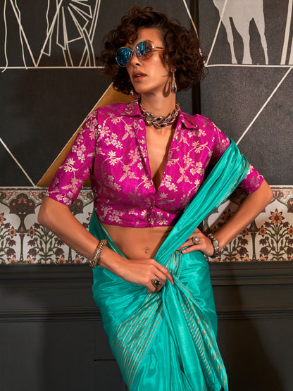 Women's Viscose Silk Light Blue Woven Design Designer Saree With Blouse Piece