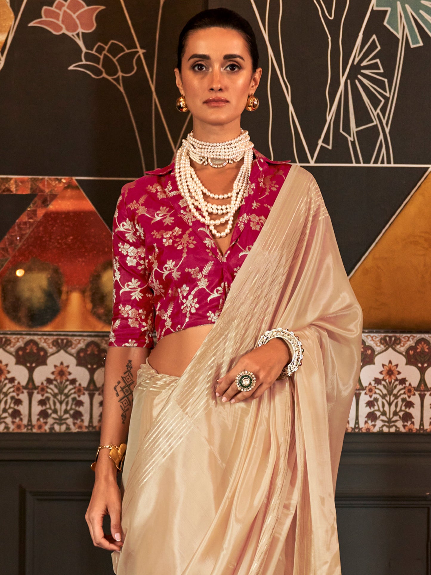 Women's Viscose Silk Cream Woven Design Designer Saree With Blouse Piece