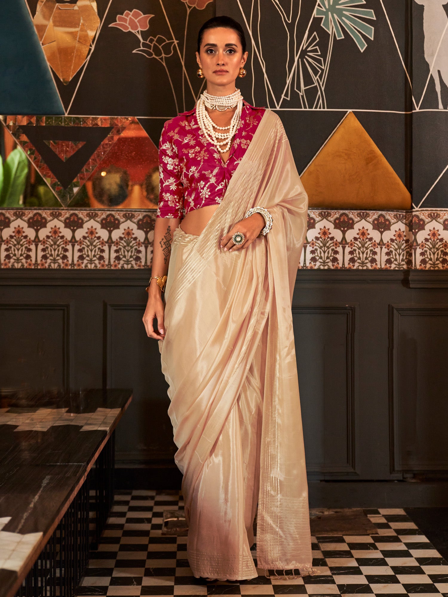 Women's Viscose Silk Cream Woven Design Designer Saree With Blouse Piece