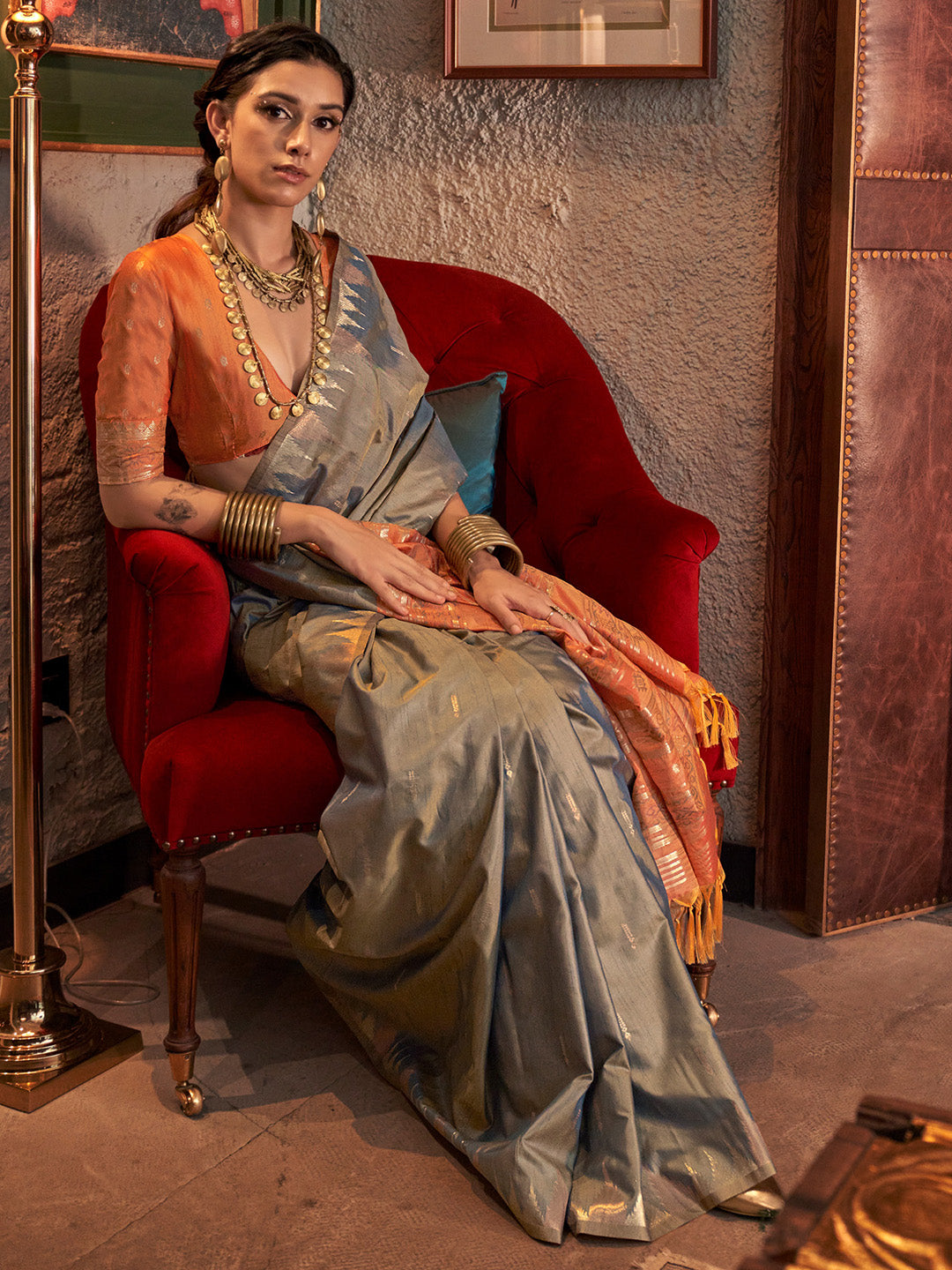 Women's Tussar Silk Peach Woven Design Designer Saree With Blouse Piece