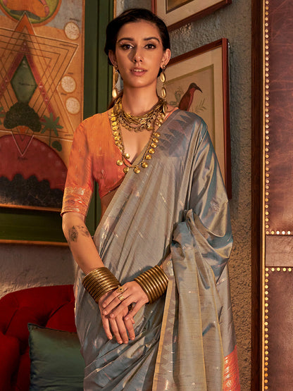 Women's Tussar Silk Peach Woven Design Designer Saree With Blouse Piece