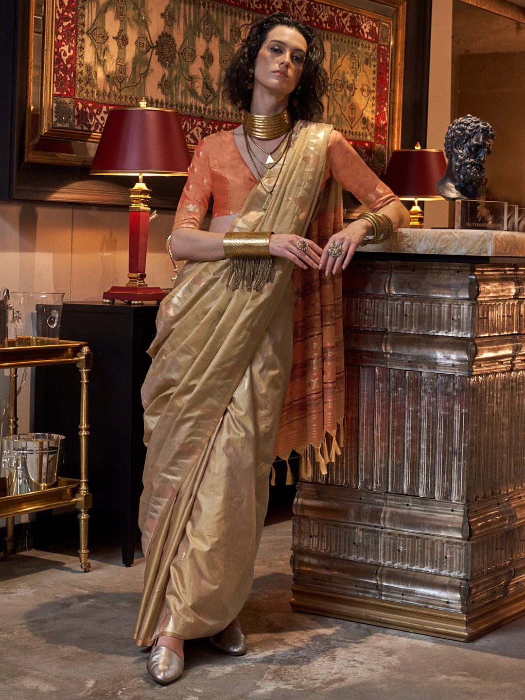 Women's Tussar Silk Orange Woven Design Designer Saree With Blouse Piece
