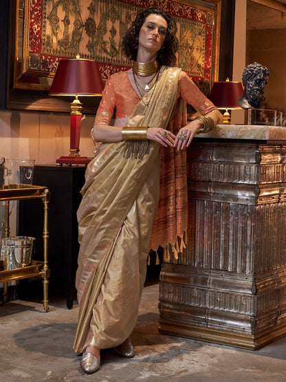 Women's Tussar Silk Orange Woven Design Designer Saree With Blouse Piece