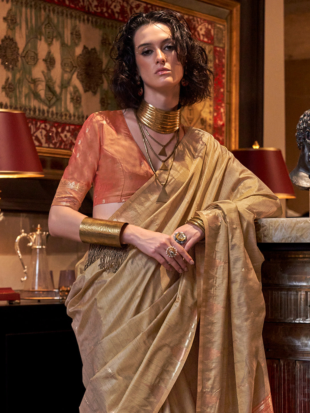 Women's Tussar Silk Orange Woven Design Designer Saree With Blouse Piece