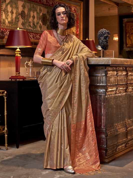 Women's Tussar Silk Orange Woven Design Designer Saree With Blouse Piece